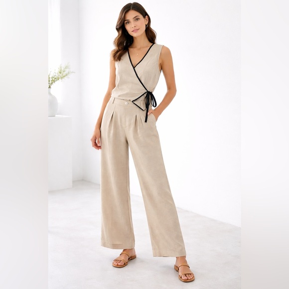 Pants - SHEIN Curve 0XL Linen-Look 2-Piece Set - Asymmetrical Wrap Vest & Wide-Leg Pants